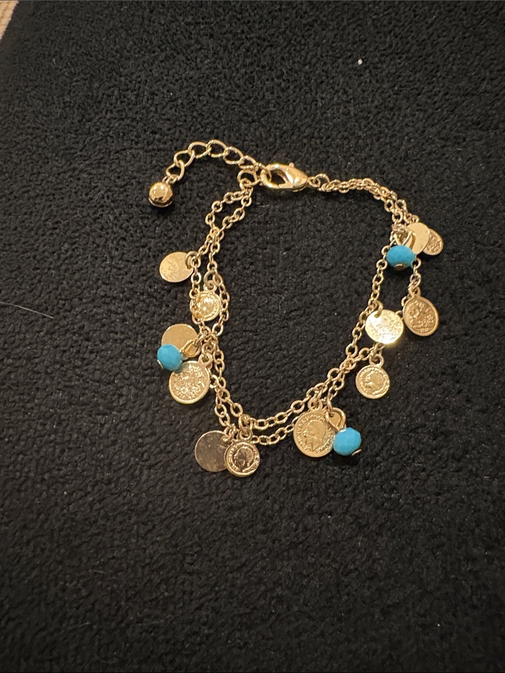 Gold Coin Charm Bracelet with Turquoise Beads - Women's Jewelry